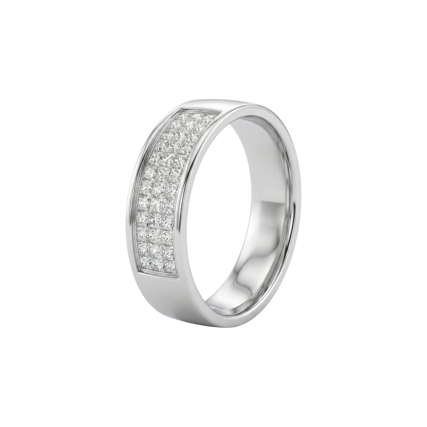 Silver ring with embedded diamonds on a white background