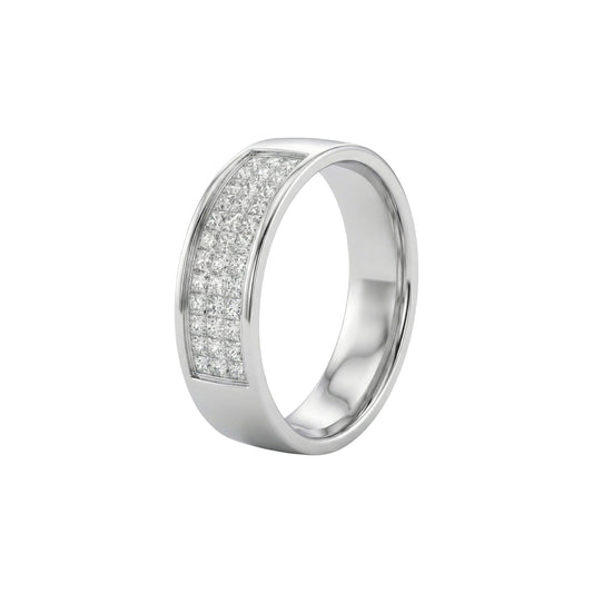 Silver ring with embedded diamonds on a white background