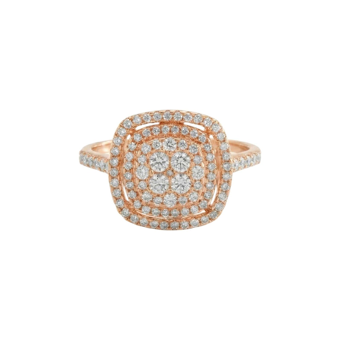 Rose gold ring with diamond accents on a white background