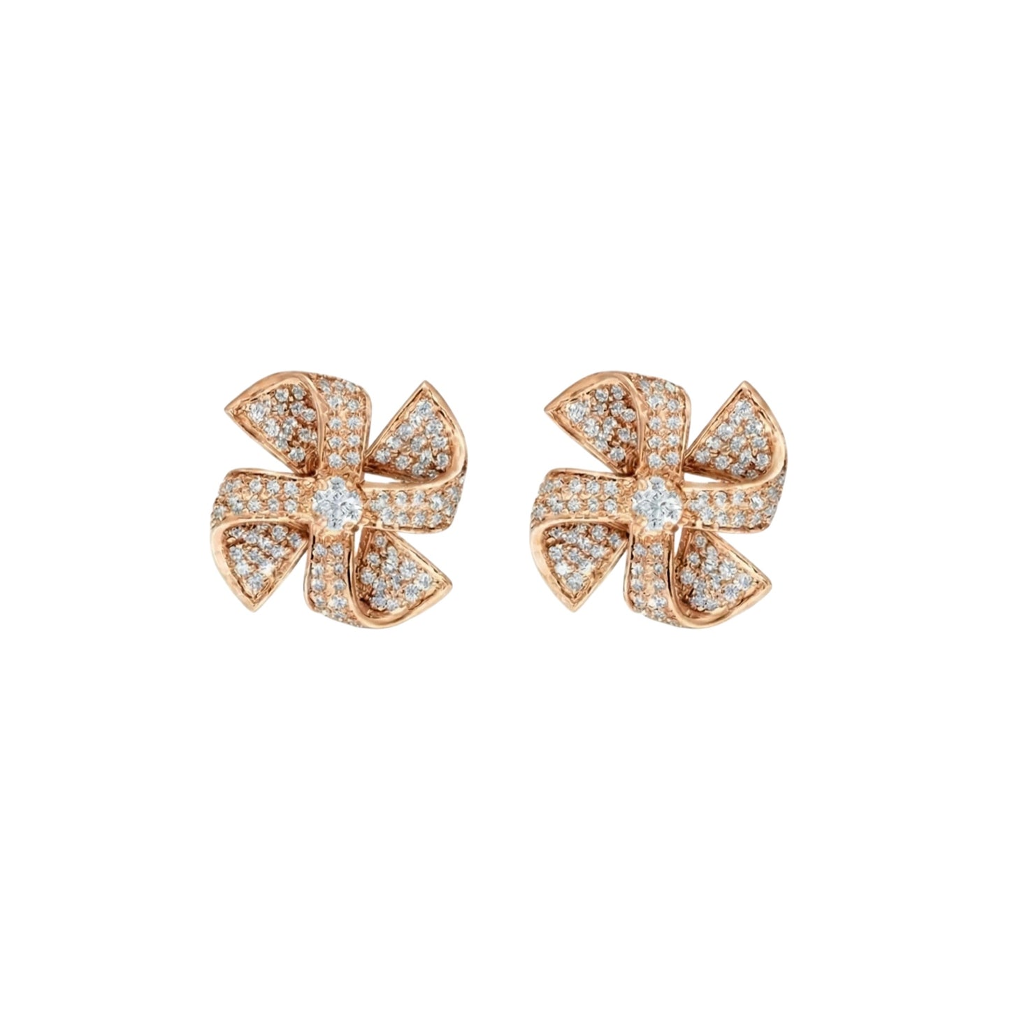 Rose gold earrings with diamond accents on a white background