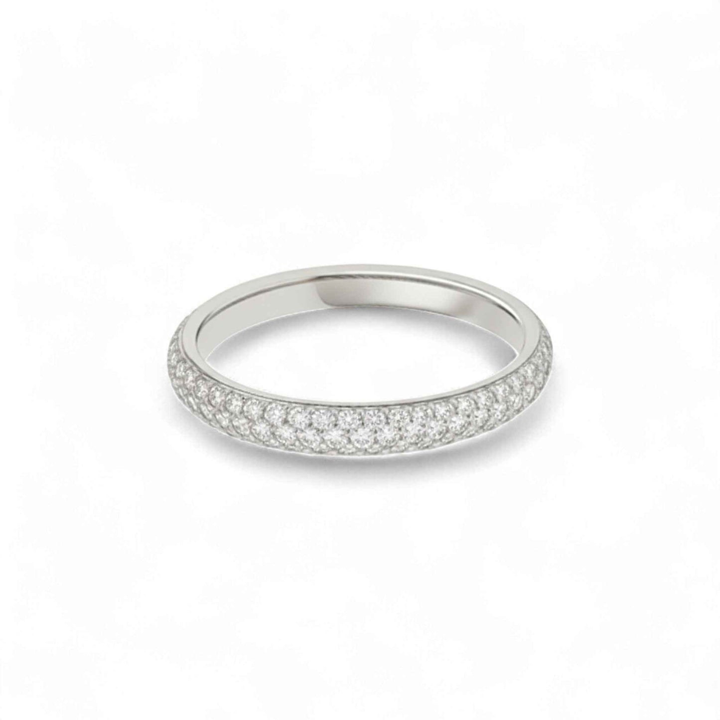 Silver ring with small diamonds on a white background