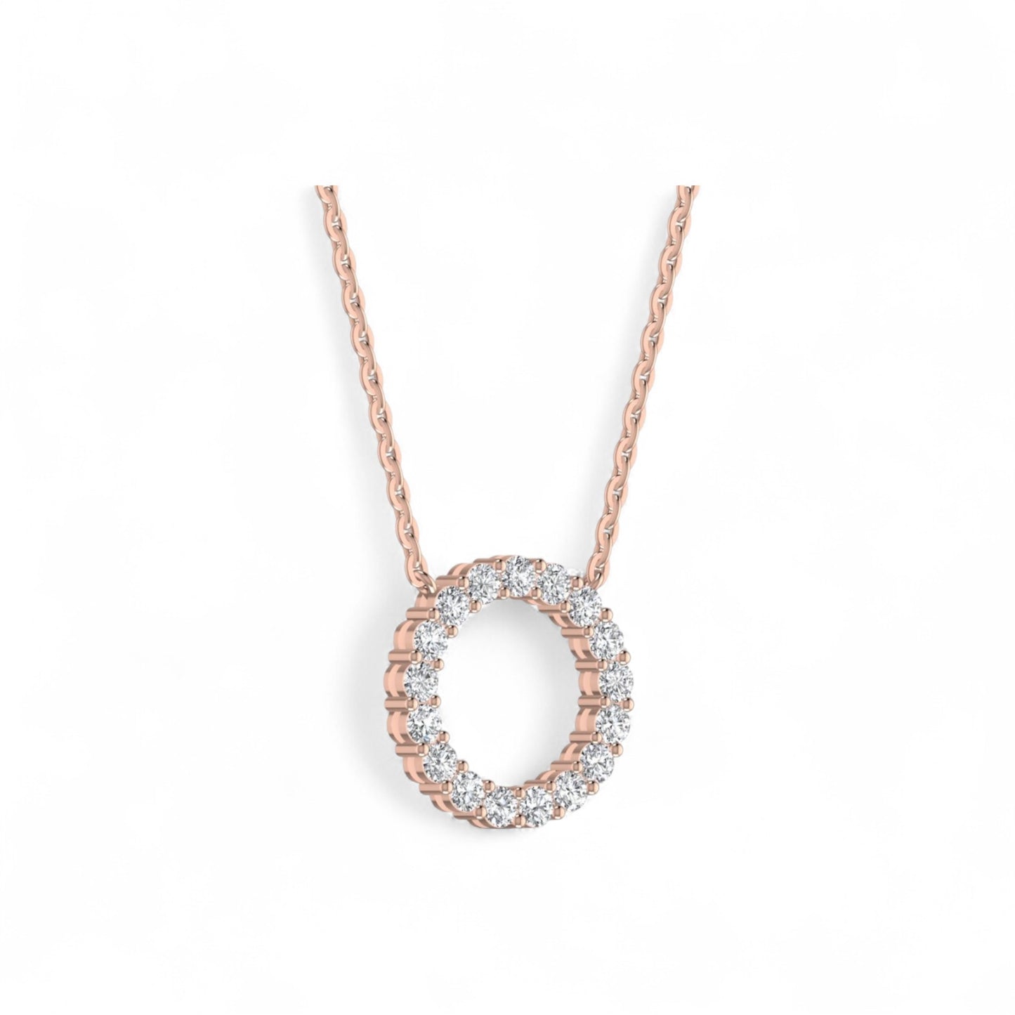 Rose gold necklace with a circular pendant on a white background