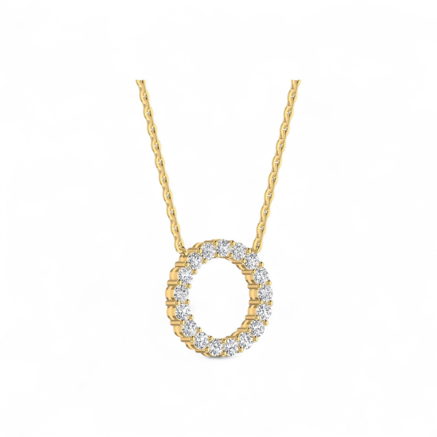Gold necklace with a diamond pendant on a white background