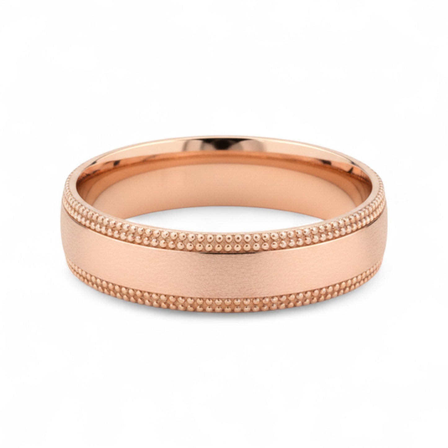 Rose gold ring with textured band on a white background