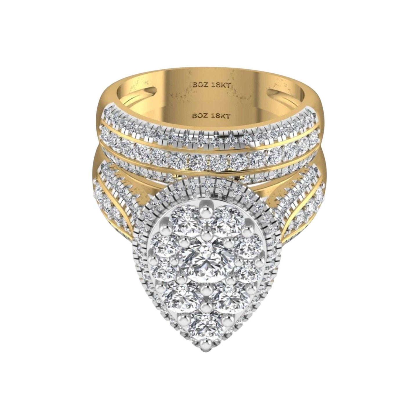 Gold and diamond ring with a heart-shaped diamond on a white background