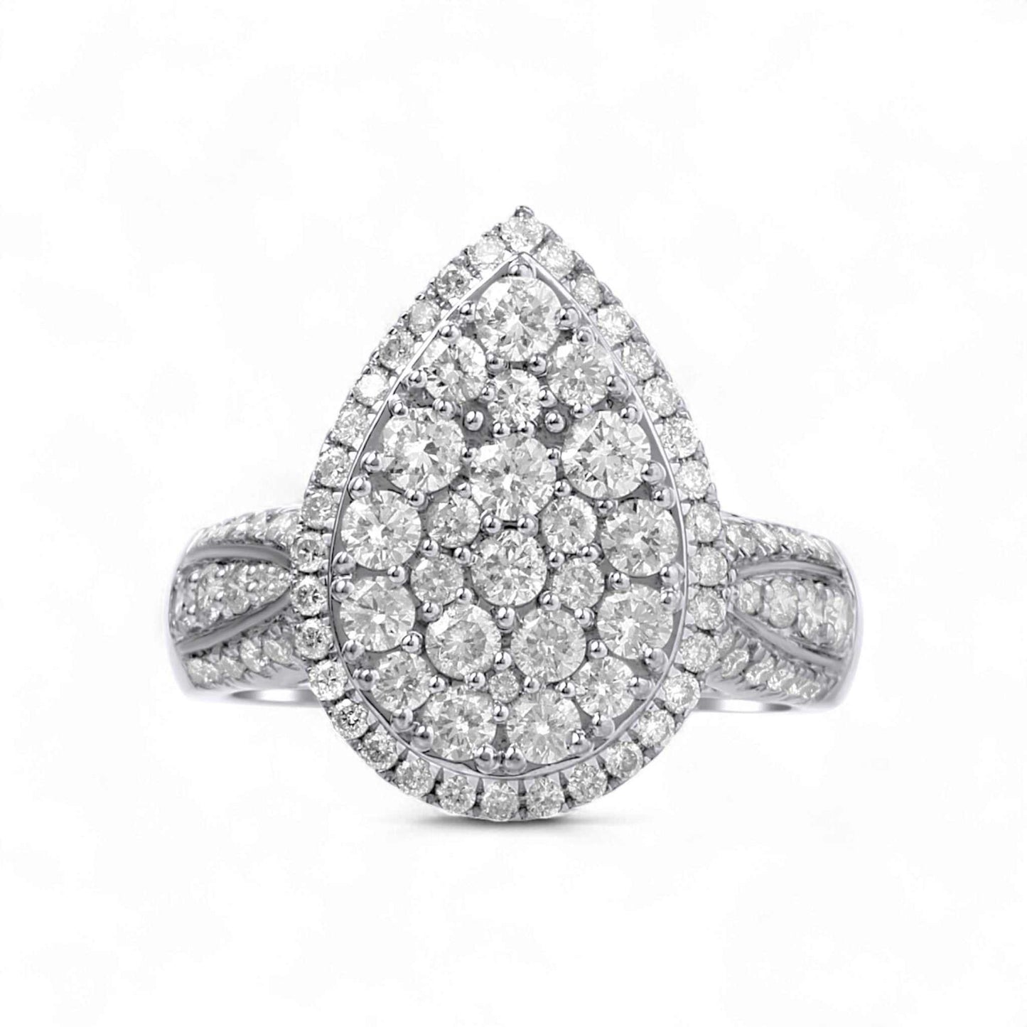 Teardrop-shaped diamond ring on a white background
