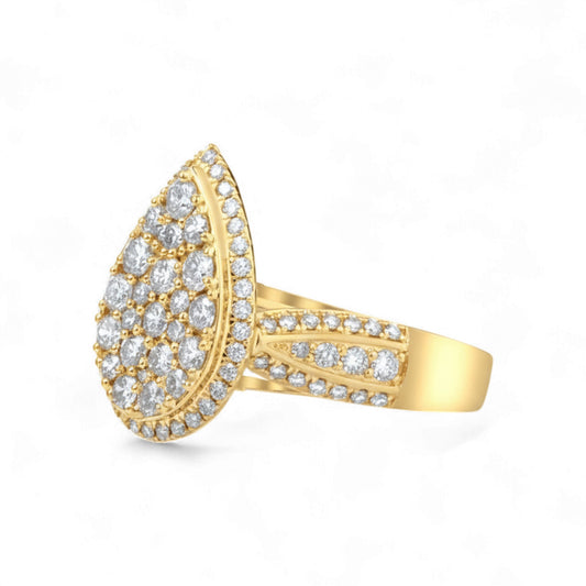Gold ring with diamond accents on a white background