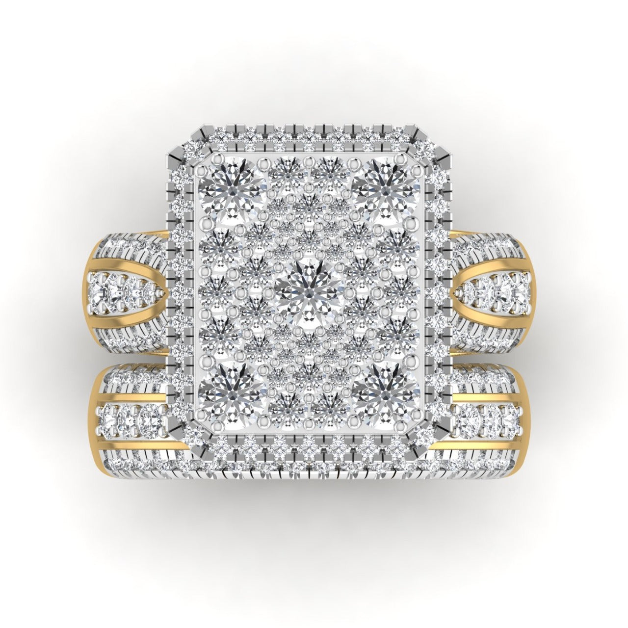 Diamond ring with gold and silver accents on a white background