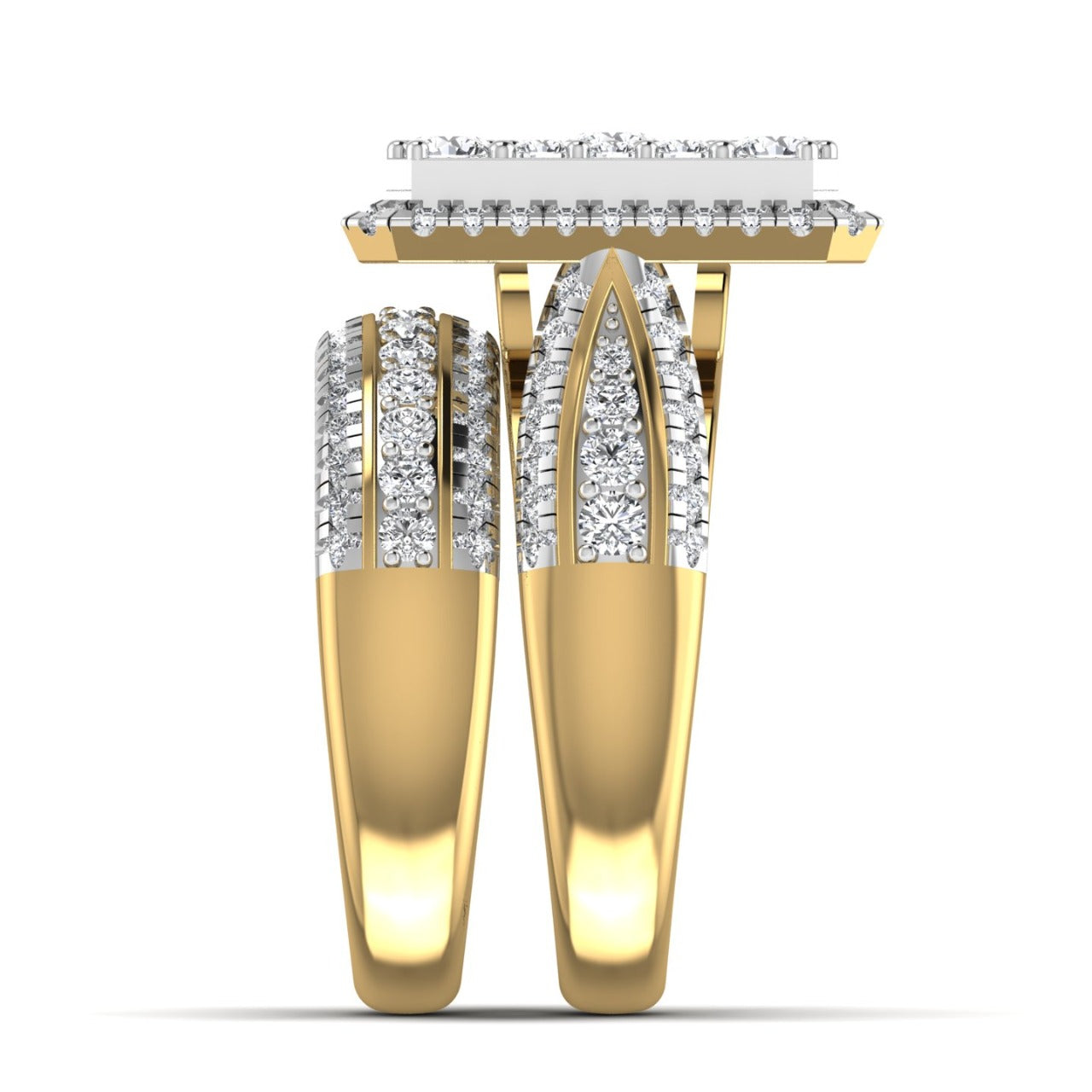 Gold hoop earrings with diamond accents on a white background