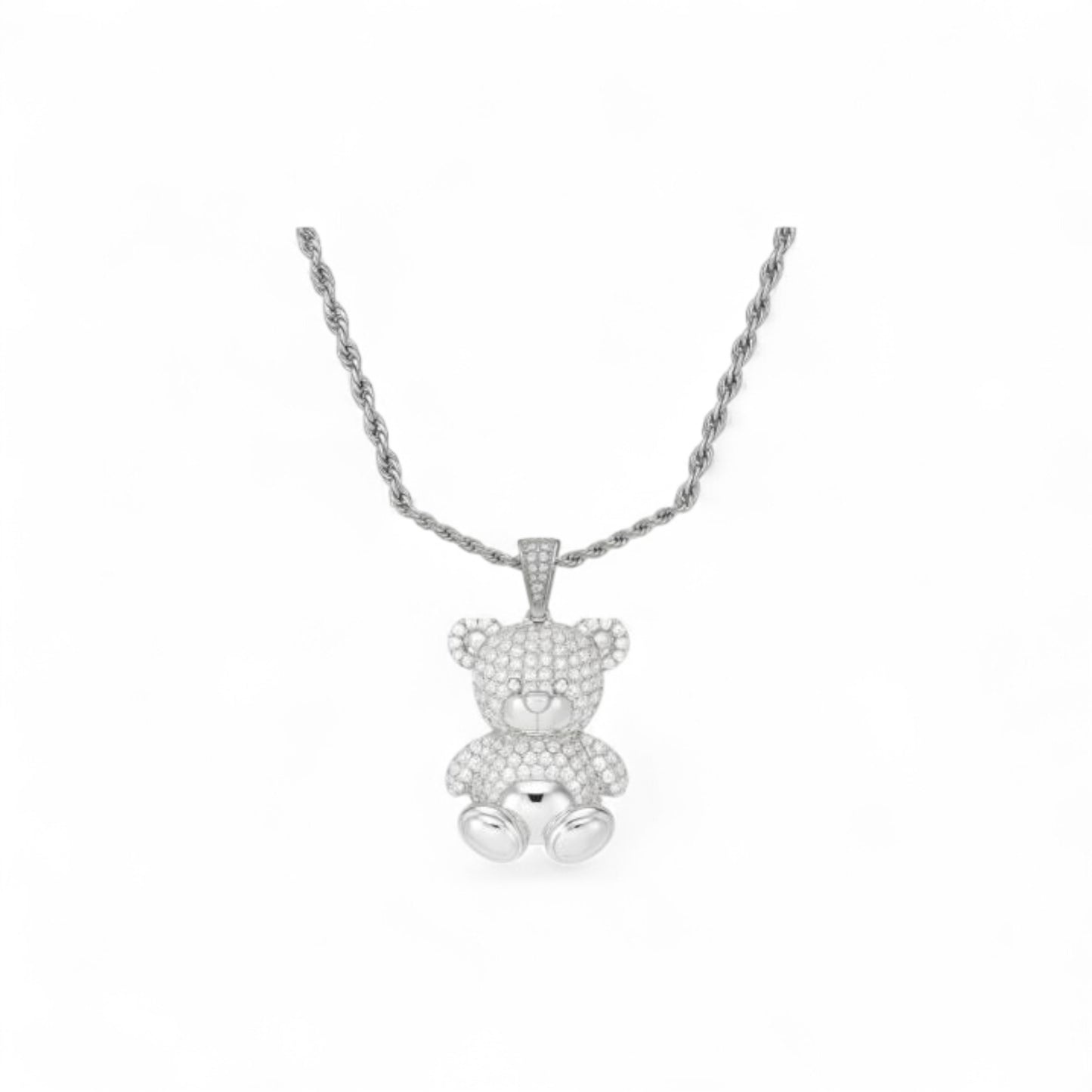 Silver teddy bear pendant necklace on a white background