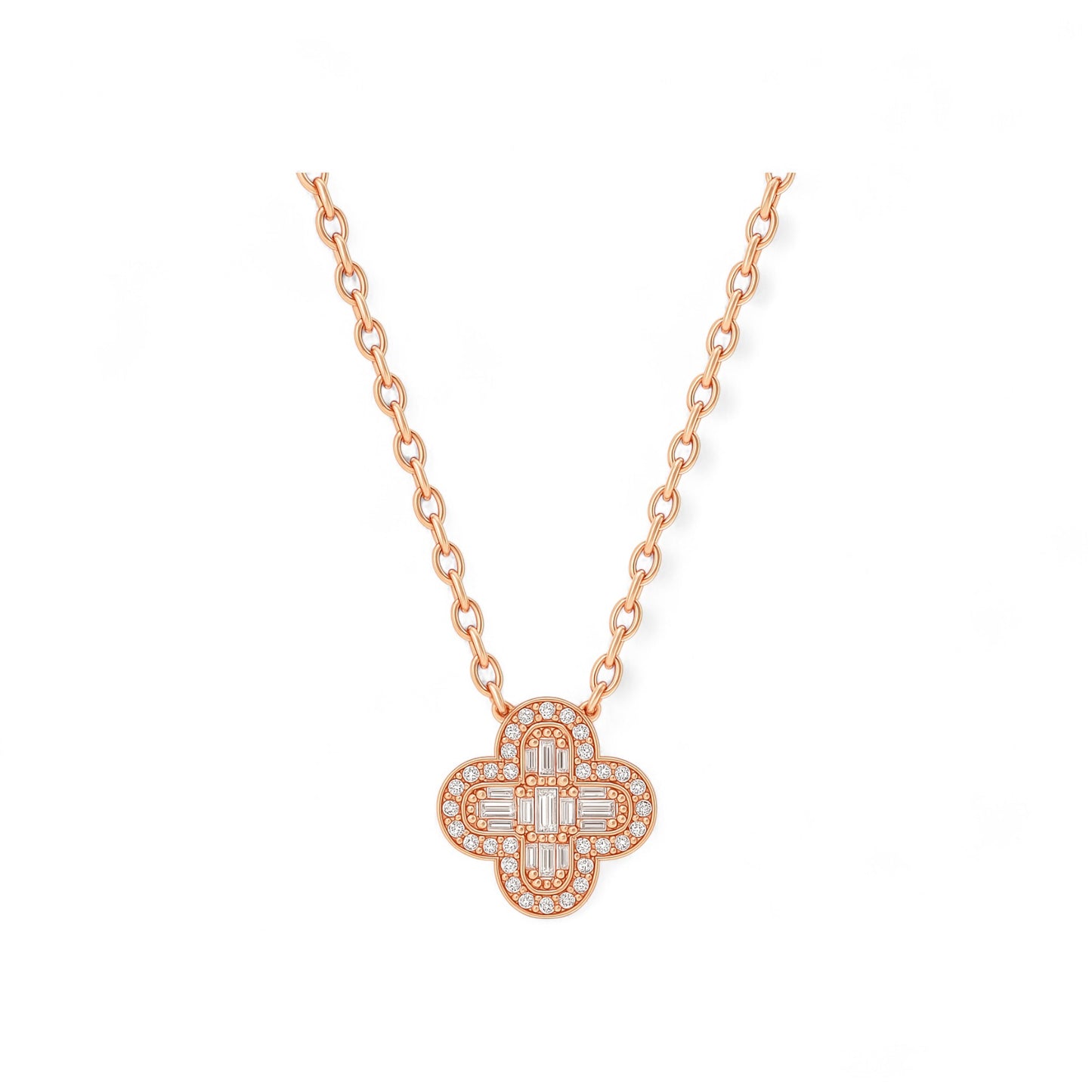 Rose gold necklace with a clover-shaped pendant on a white background