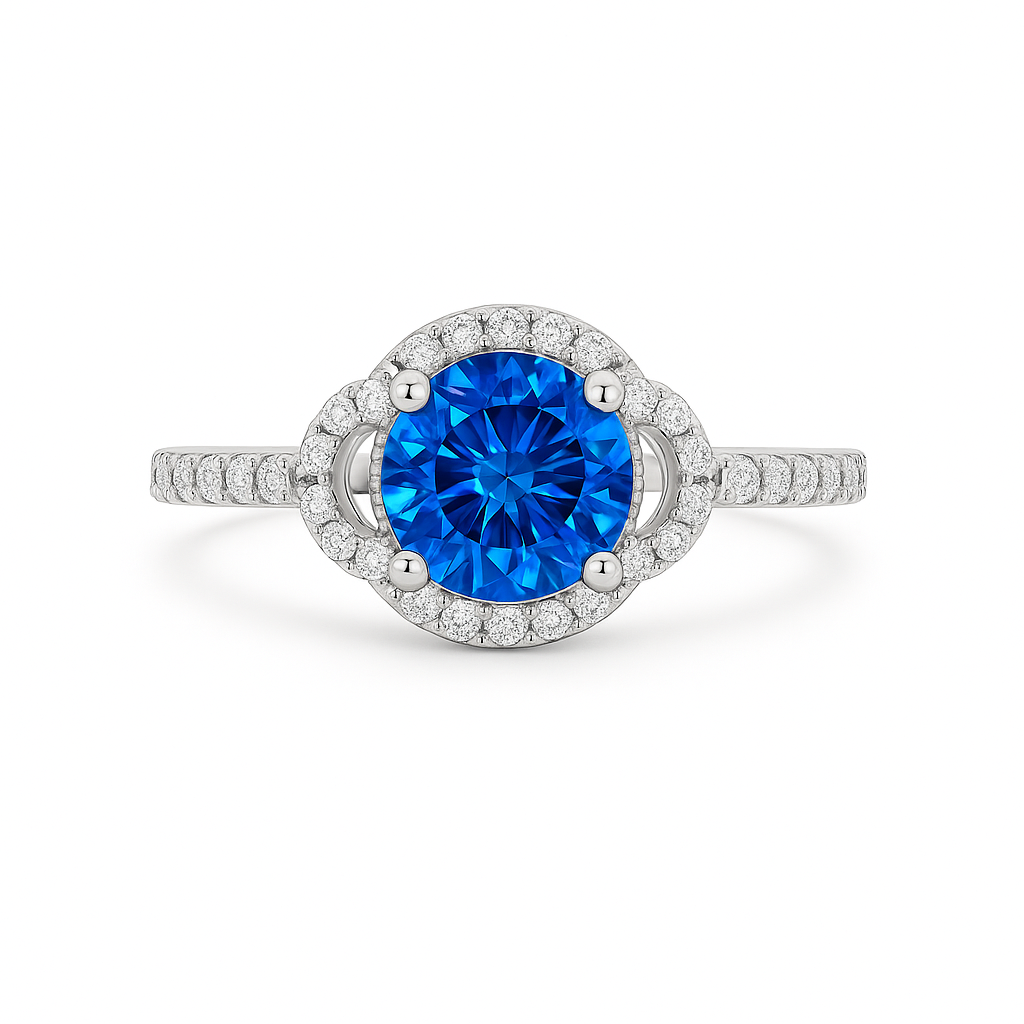 Ring with a blue gemstone and diamond-studded band on a white background