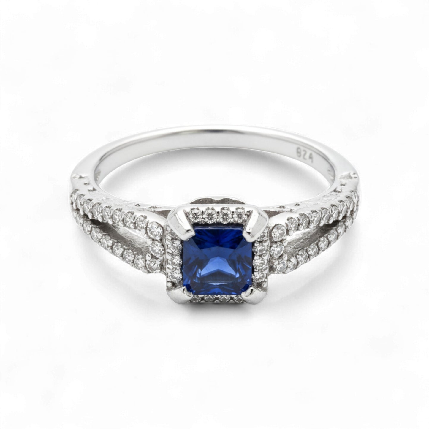 Blue Stone Cushion Cut CZ Engagement ring in 925 Sterling Silver