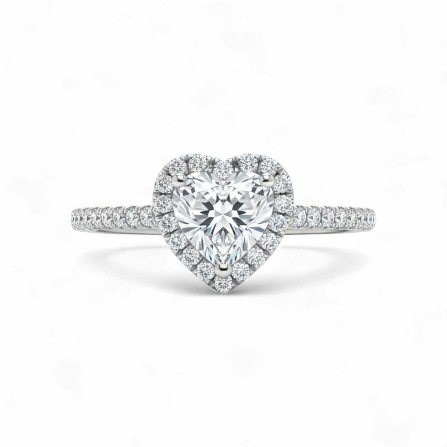Classic halo heart cut CZ engagement ring in 925 sterling silver with pavé stones and slim band
