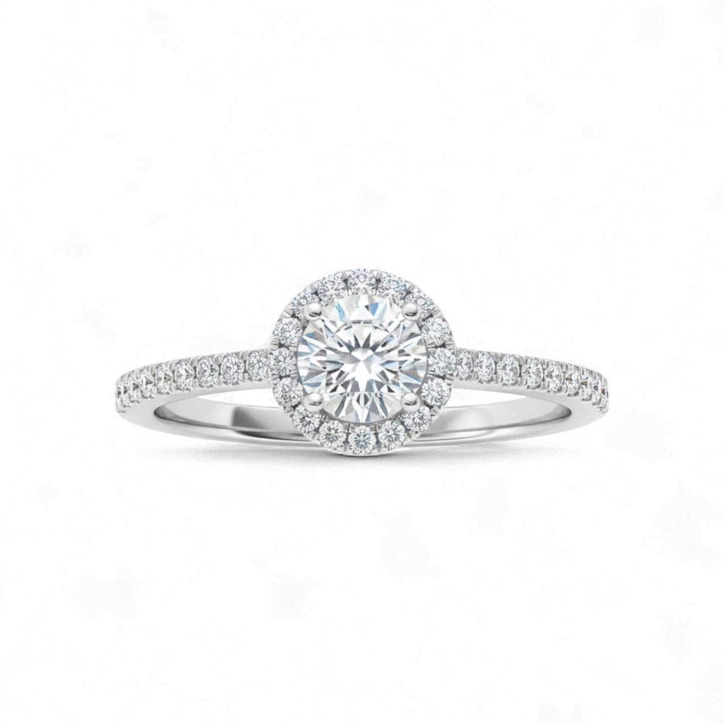 Classic Halo Round Cut CZ Engagement Ring in 925 sterling silver with round cubic zirconia center and halo setting