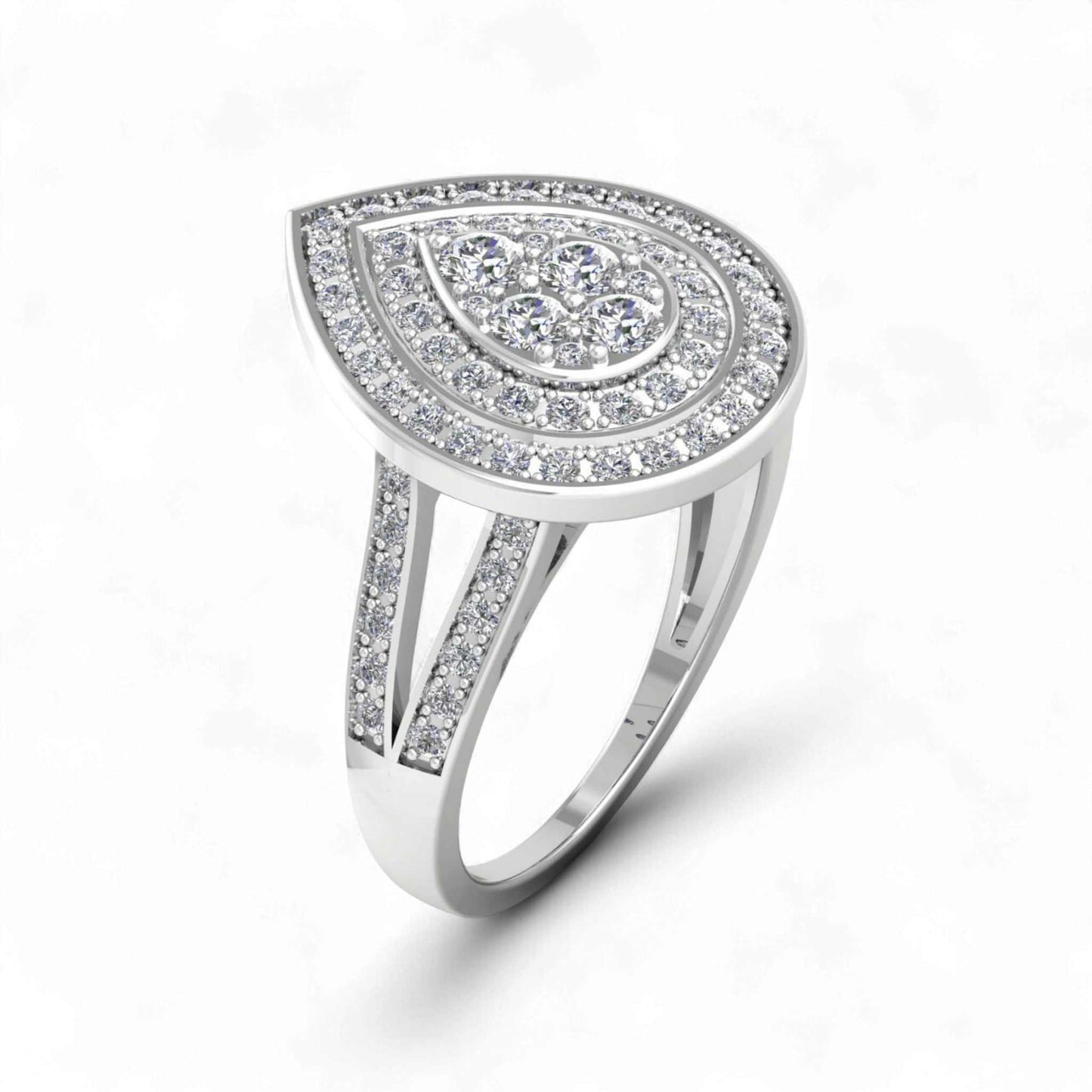 Silver ring with diamond accents on a white background