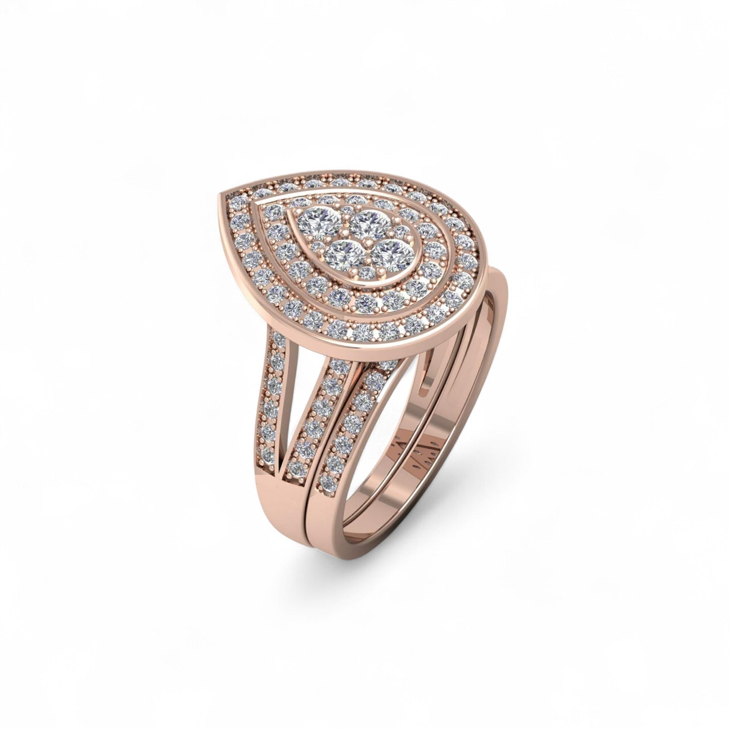 Silver ring with diamond accents on a white background