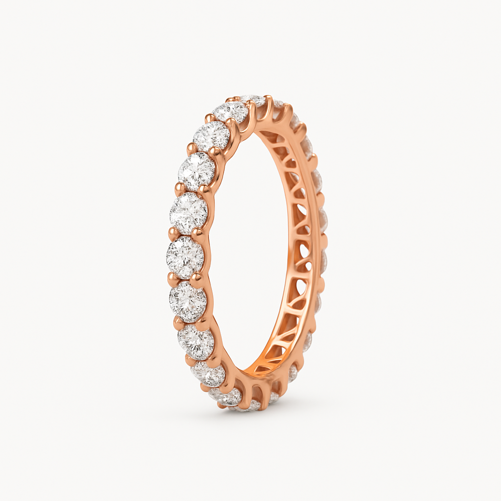Rose gold ring with diamonds on a white background