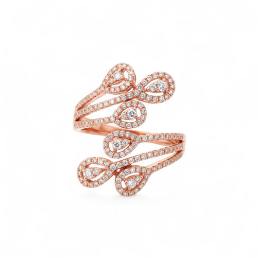 Rose gold ring with diamond accents on a white background