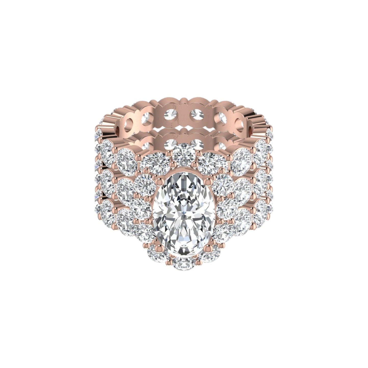 Rose gold ring with a large diamond and smaller diamonds on a white background
