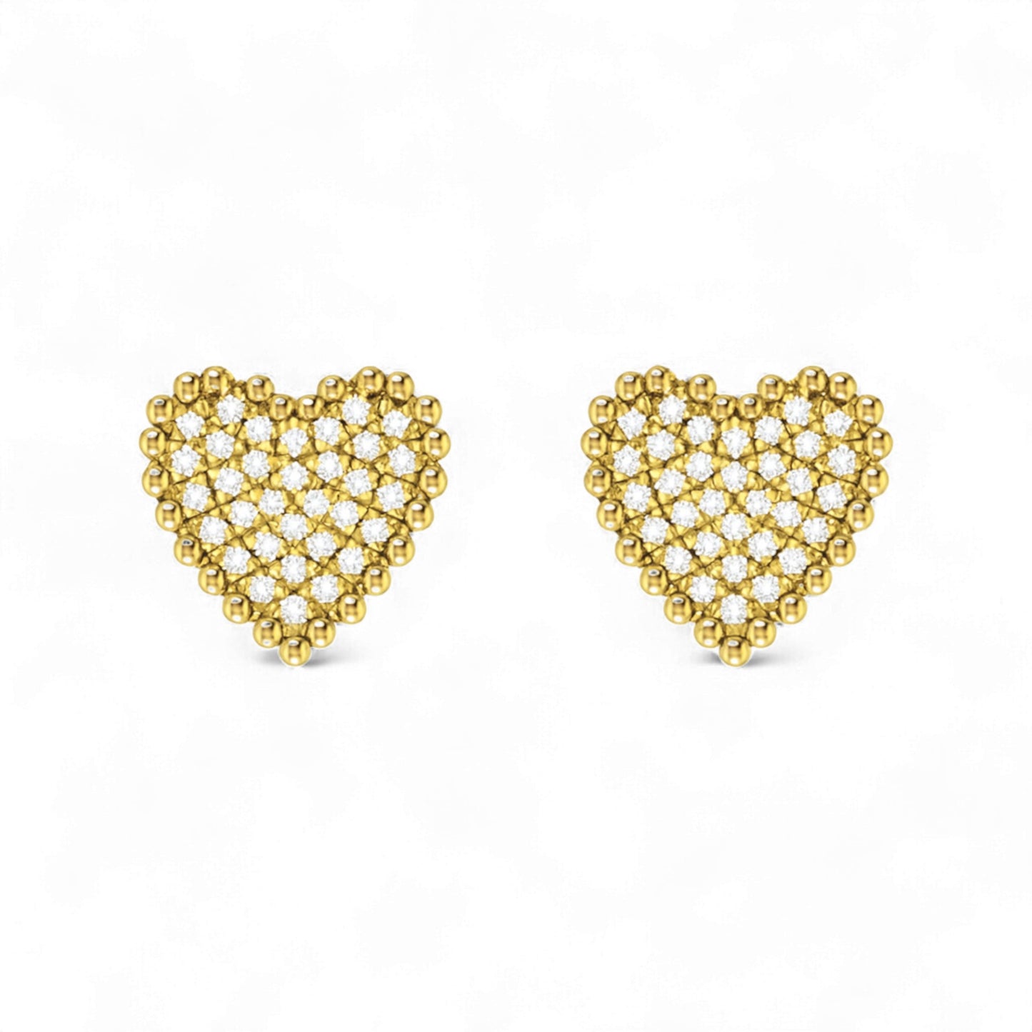 Heart-shaped gold earrings with a lattice design on a white background