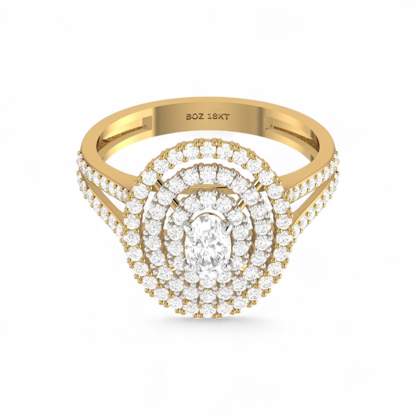 Gold ring with diamond accents on a white background