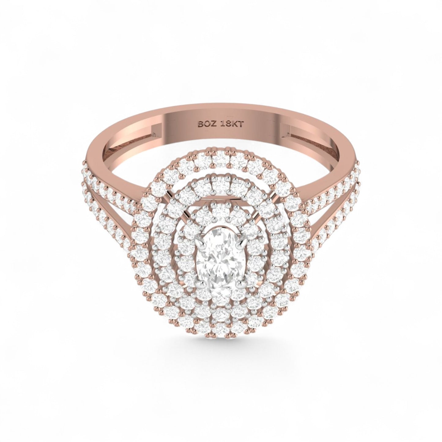 Rose gold ring with diamond accents on a white background