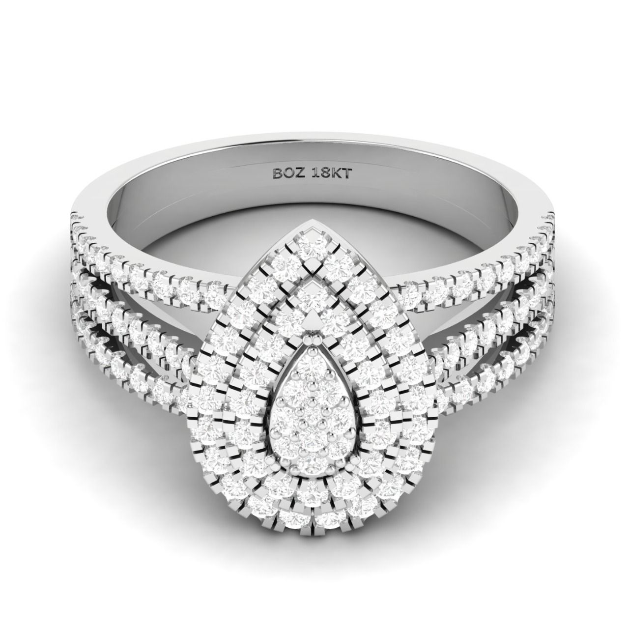 A pear cut diamond cluster engagement ring with smaller diamonds set in 18K gold band, with a total weight of 0.976 carats.