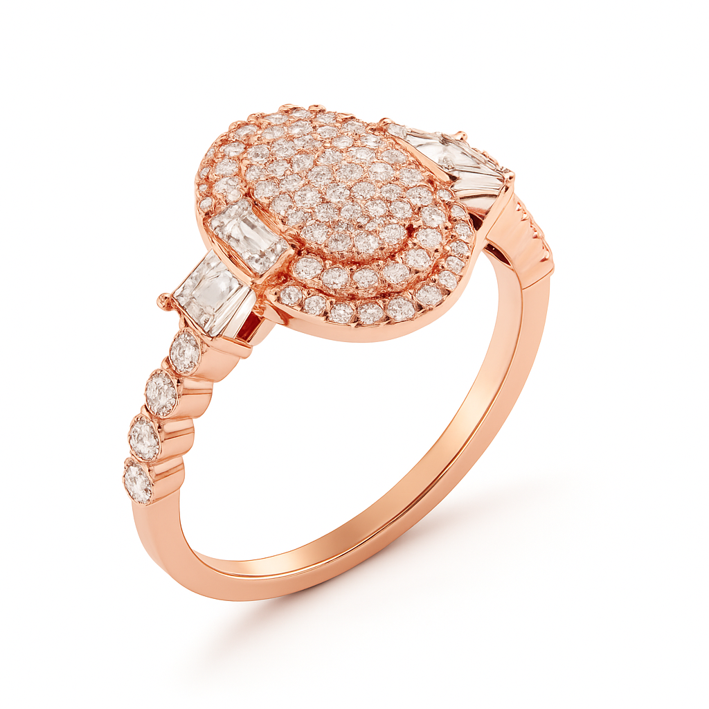 Rose gold ring with diamond accents on a white background