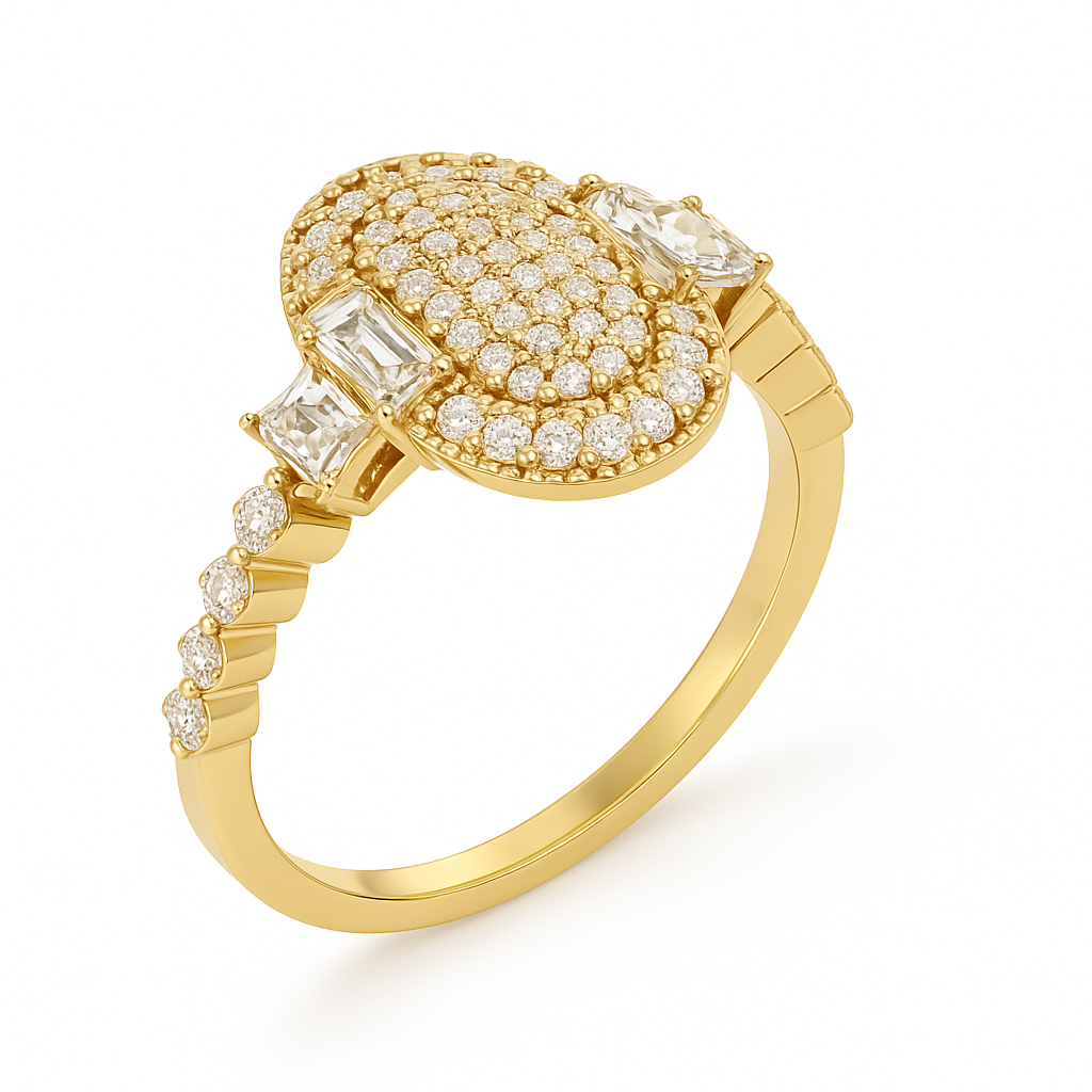 Gold ring with diamond accents on a white background