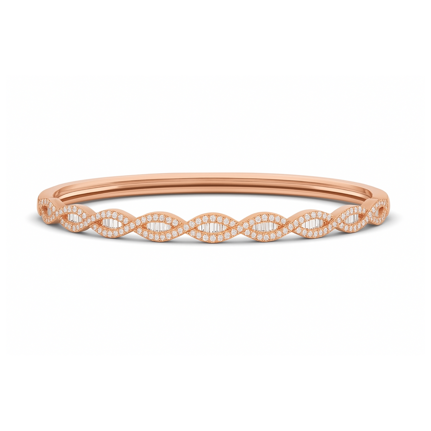 Rose gold bracelet with intricate design on a white background