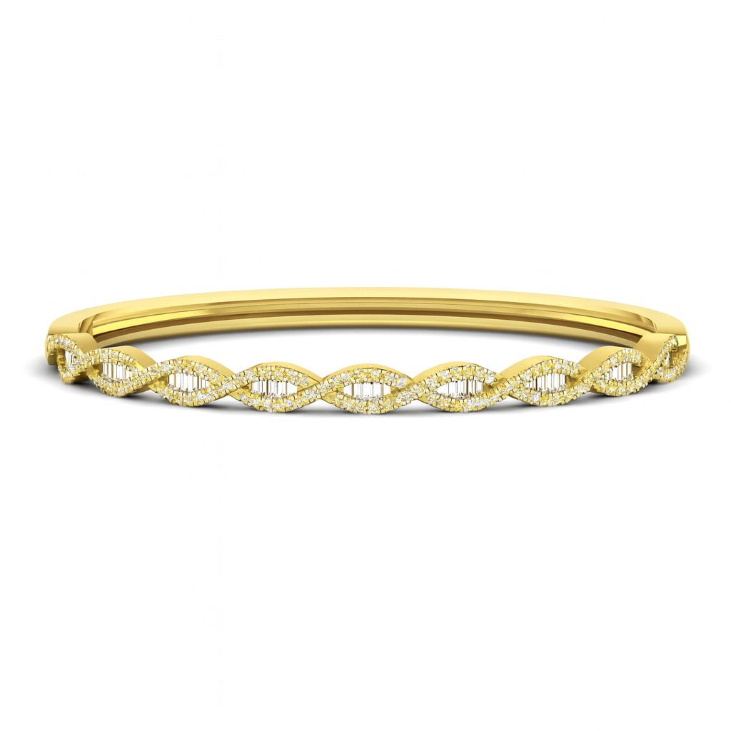 Gold bracelet with a wavy design on a white background