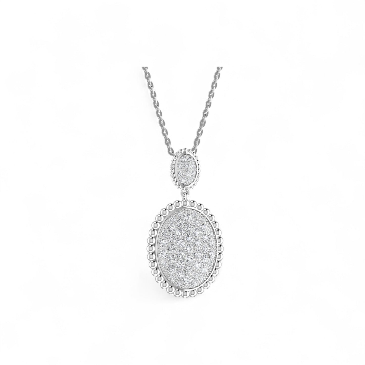 Silver necklace with an oval pendant on a white background