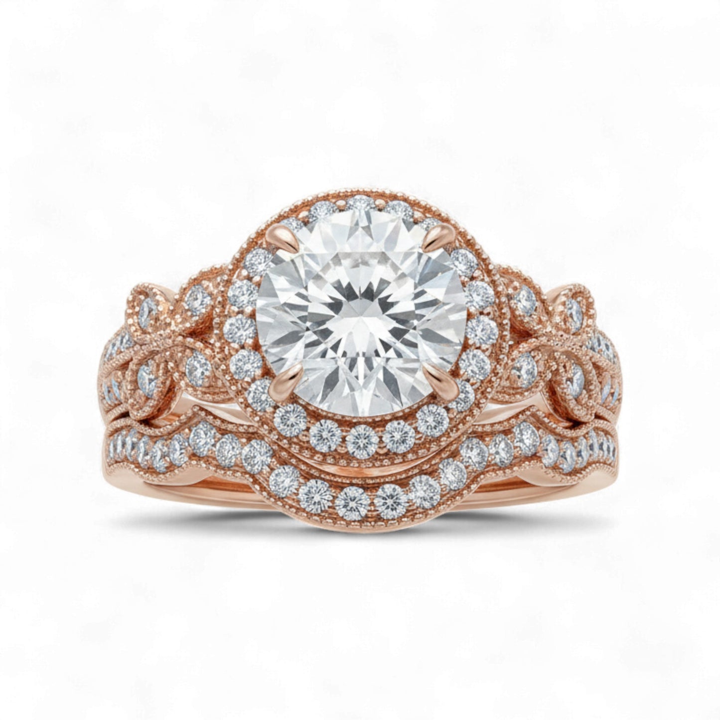 Rose gold ring with a large diamond and smaller diamonds on a white background