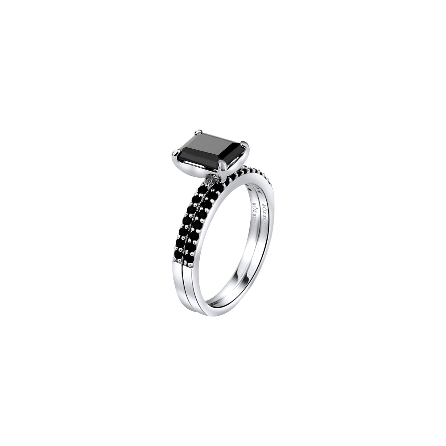 No Halo Black Emerald Cut Bridal Set in 925 Sterling Silver