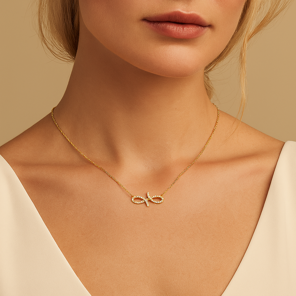 Gold necklace with a unique pendant on a model against a beige background