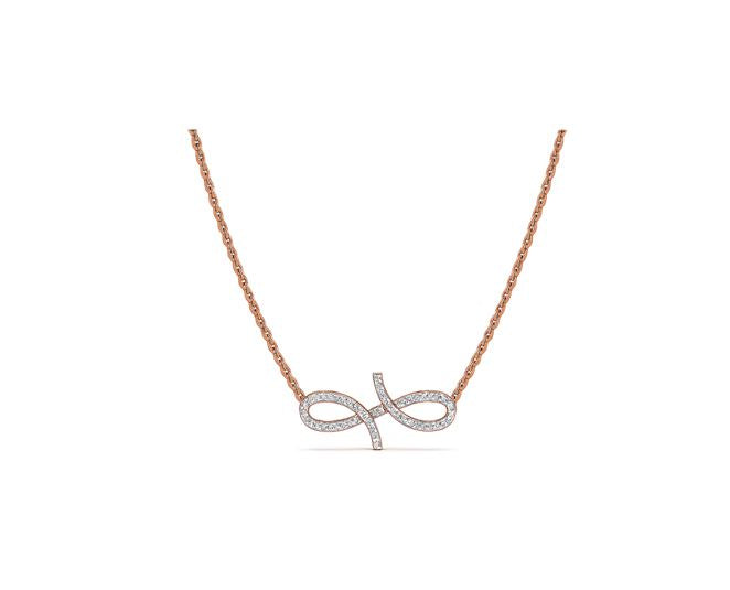 Rose gold necklace with a diamond infinity pendant on a white background