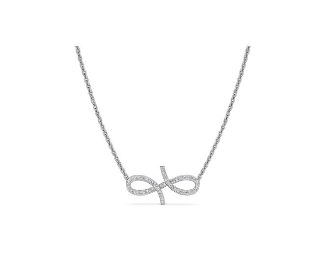 Silver infinity necklace on a white background