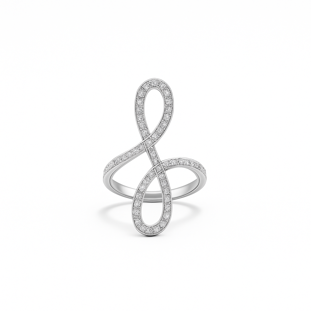 Silver ring with a treble clef design on a white background
