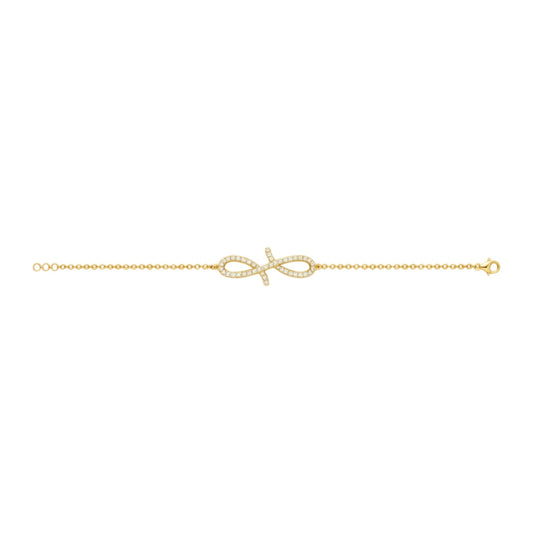 Gold bracelet with a bow charm on a white background