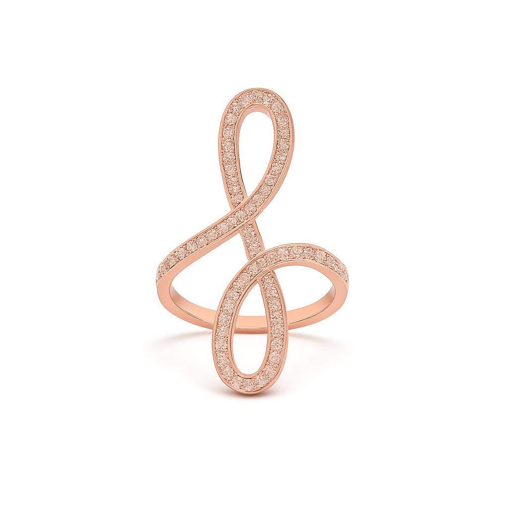 Rose gold ring shaped like a music note on a white background