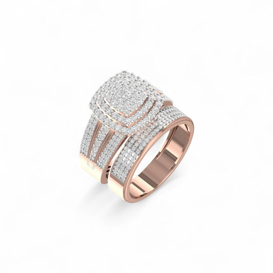Rose gold ring with diamond accents on a white background