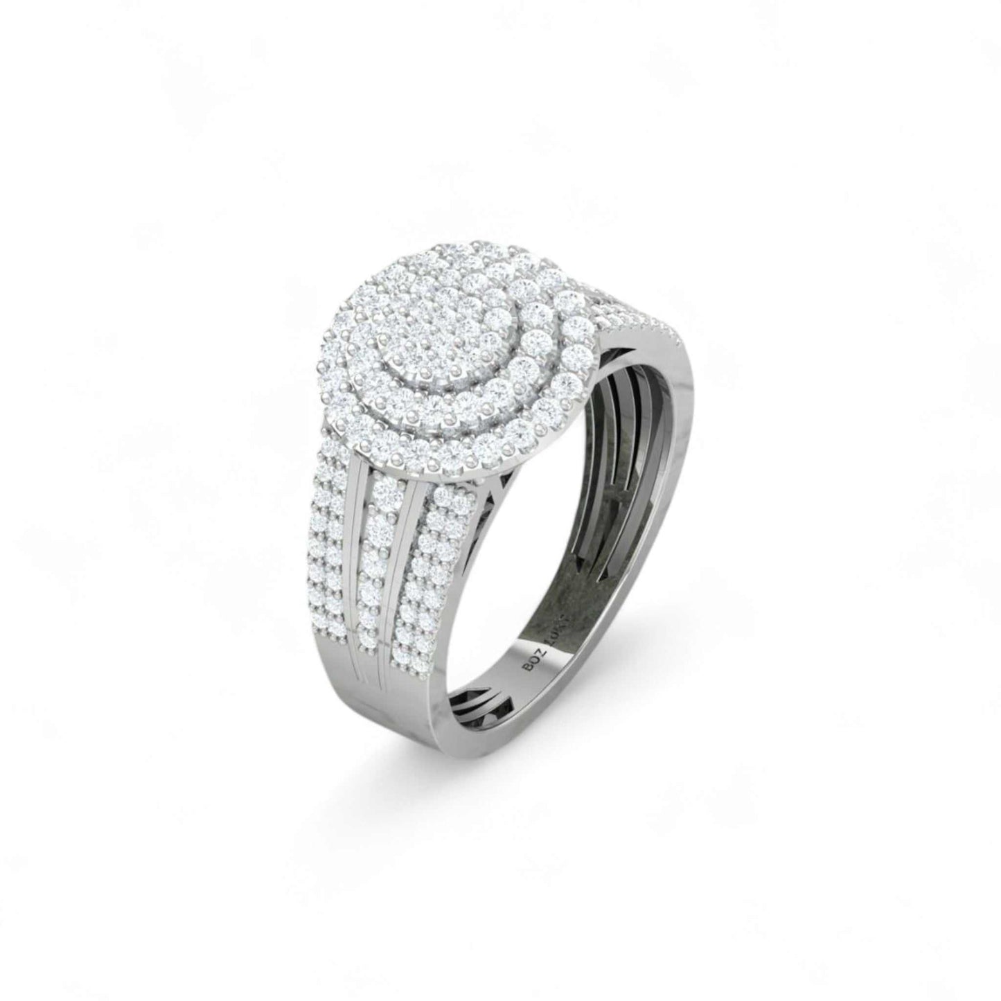 Silver ring with diamond accents on a white background