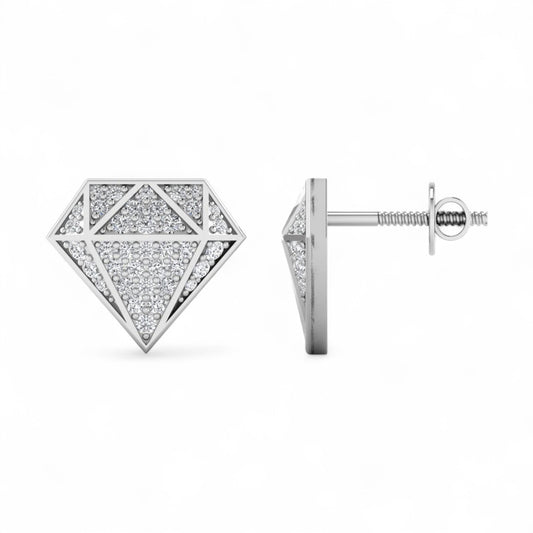 Diamond-shaped silver earrings on a white background