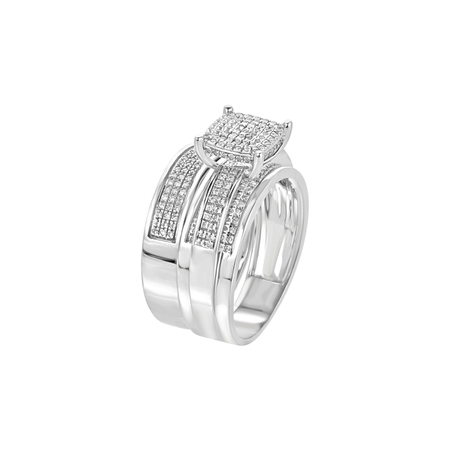 Silver ring with diamond accents on a white background