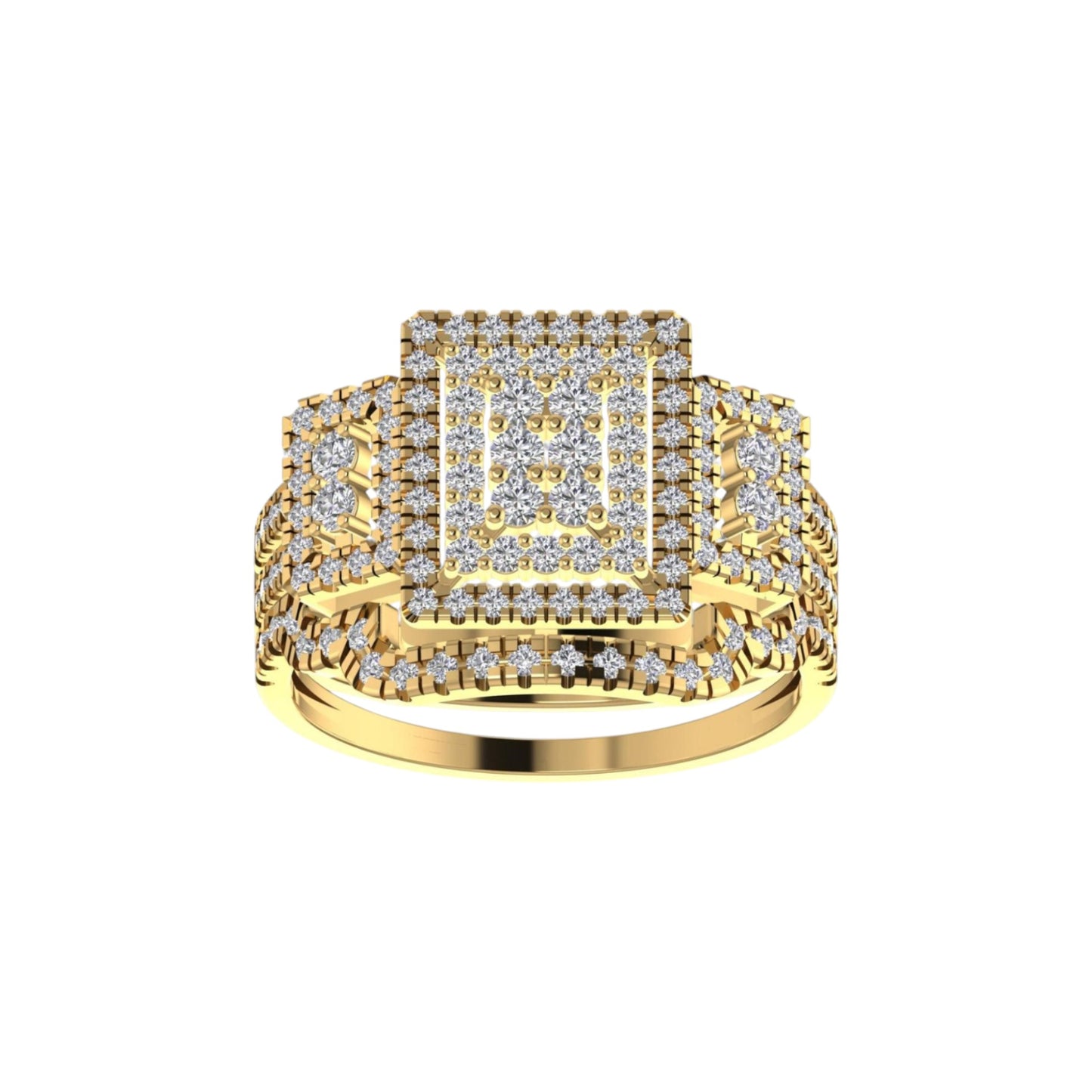Gold ring with diamond accents on a white background