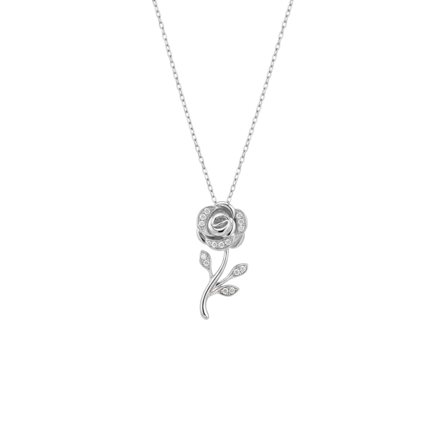 Silver rose-shaped pendant necklace on a white background