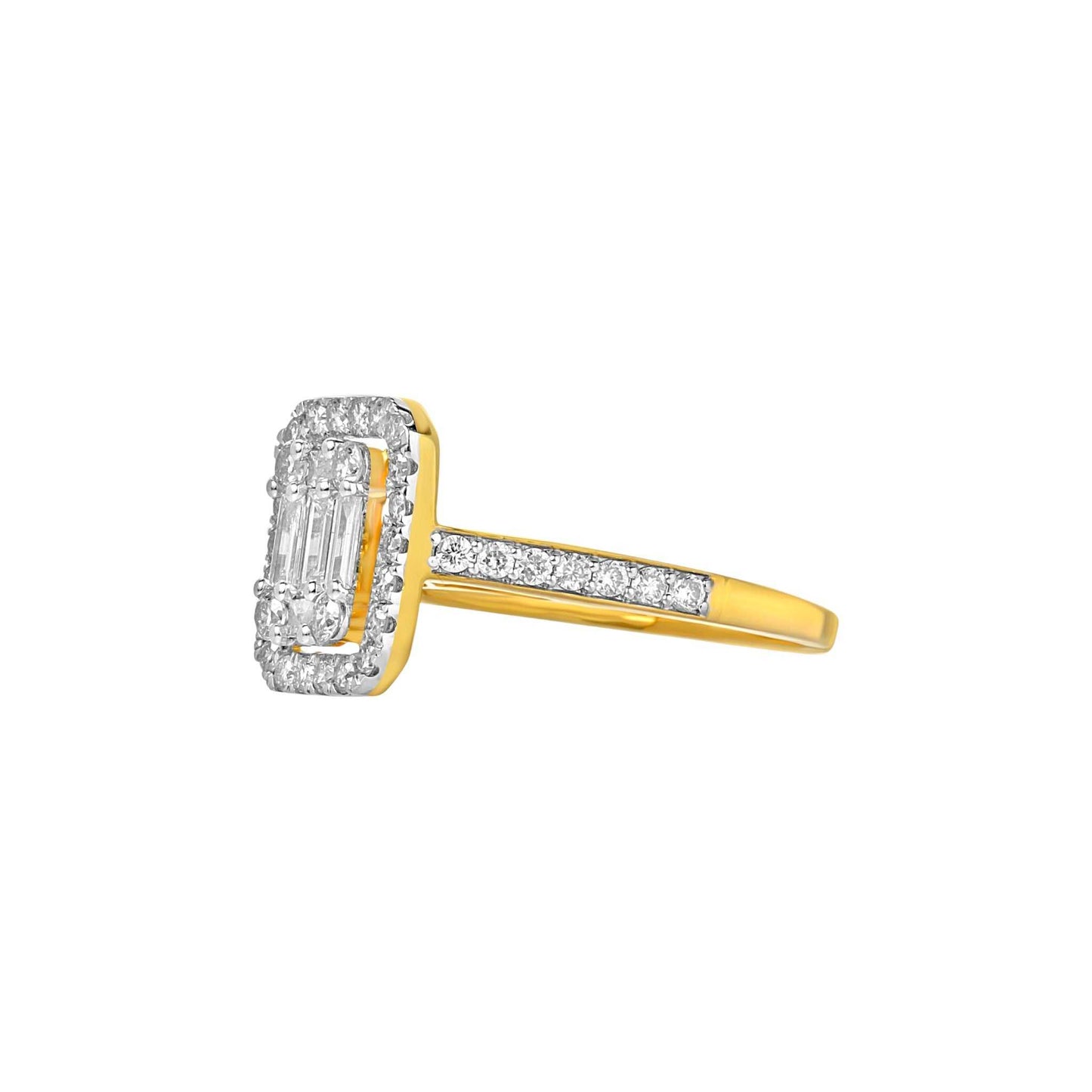 Gold ring with diamond accents on a white background