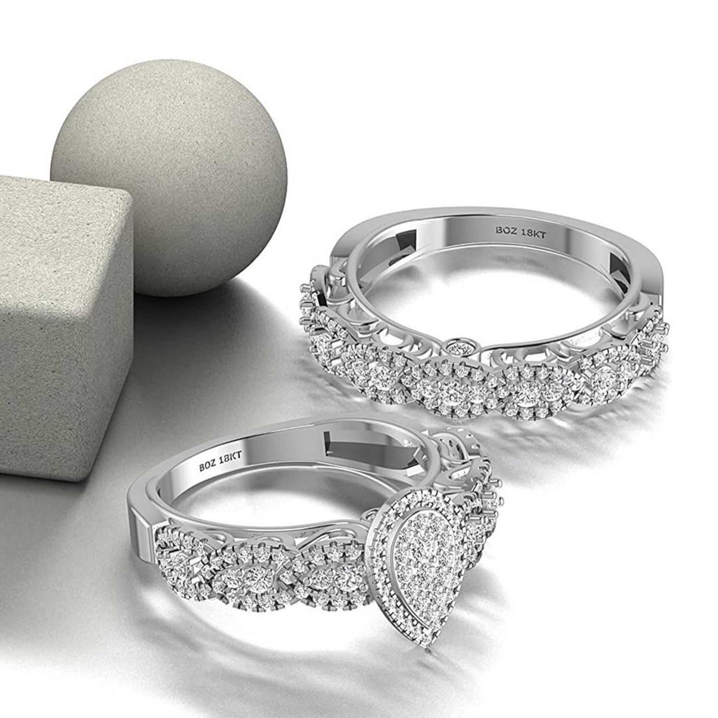 Ruby Pear Cut Diamond Cluster Bride Set in 18KT Gold