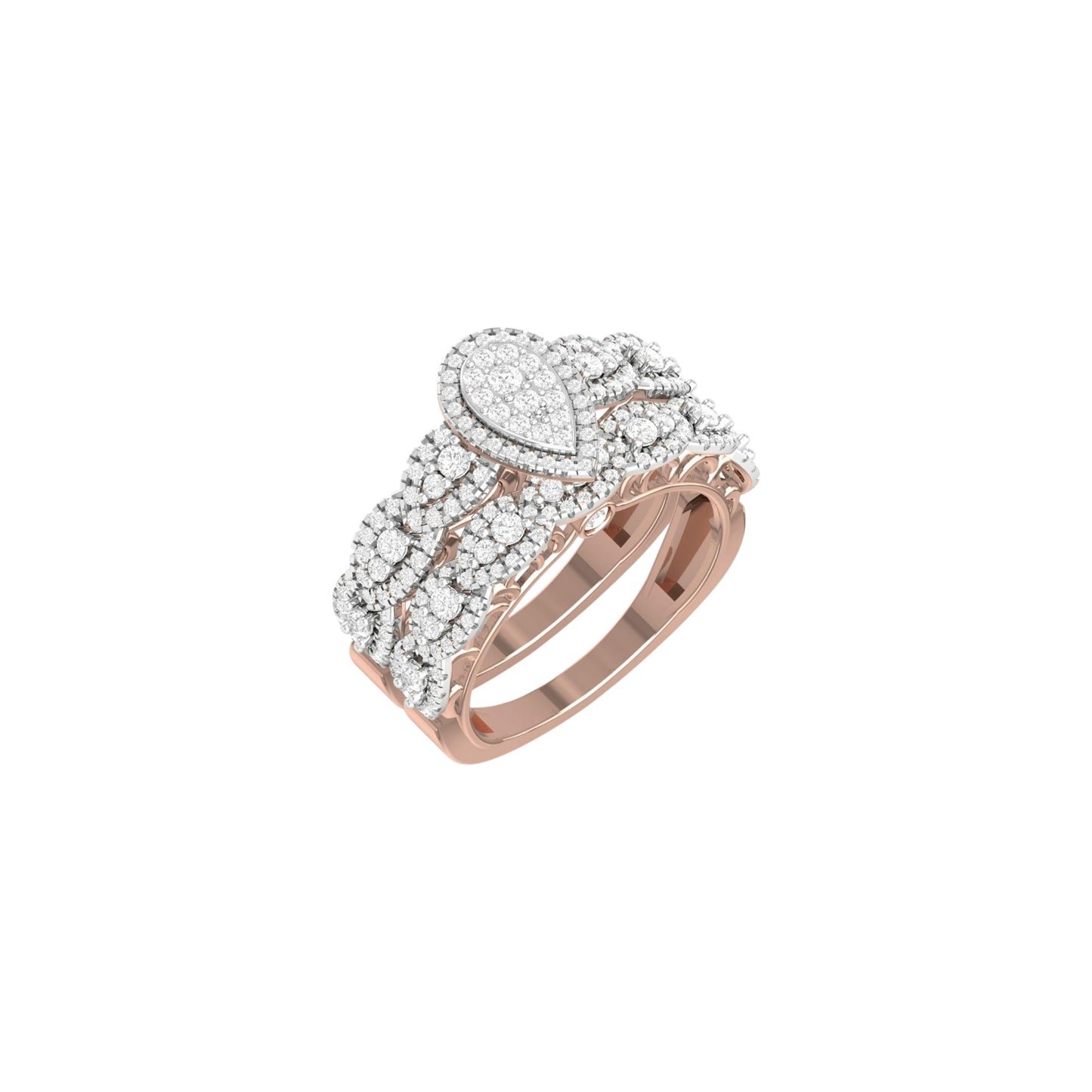 Rose gold ring with diamond accents on a white background